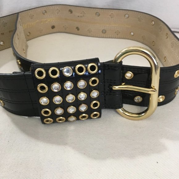 Betsy Johnson Black Patent Rhinestone Belt - Picture 2 of 7